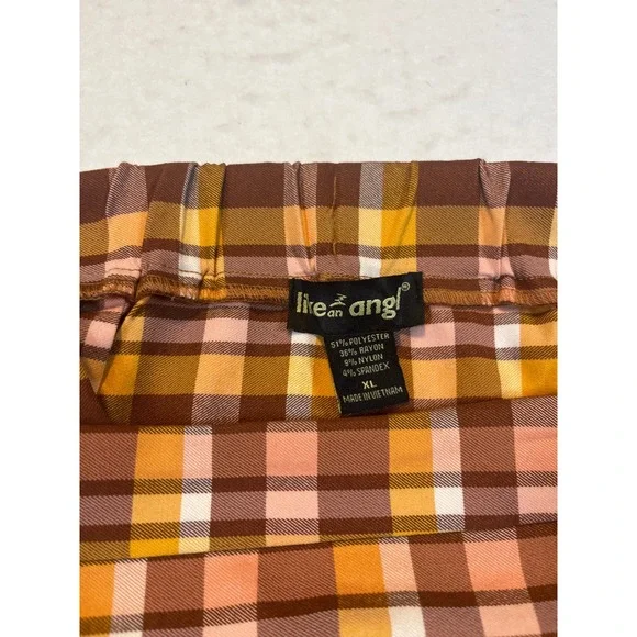 Like an ANGEL Plaid Mini Skirt Brown Pink Yellow Women's XL Elastic Waist - Picture 3 of 3